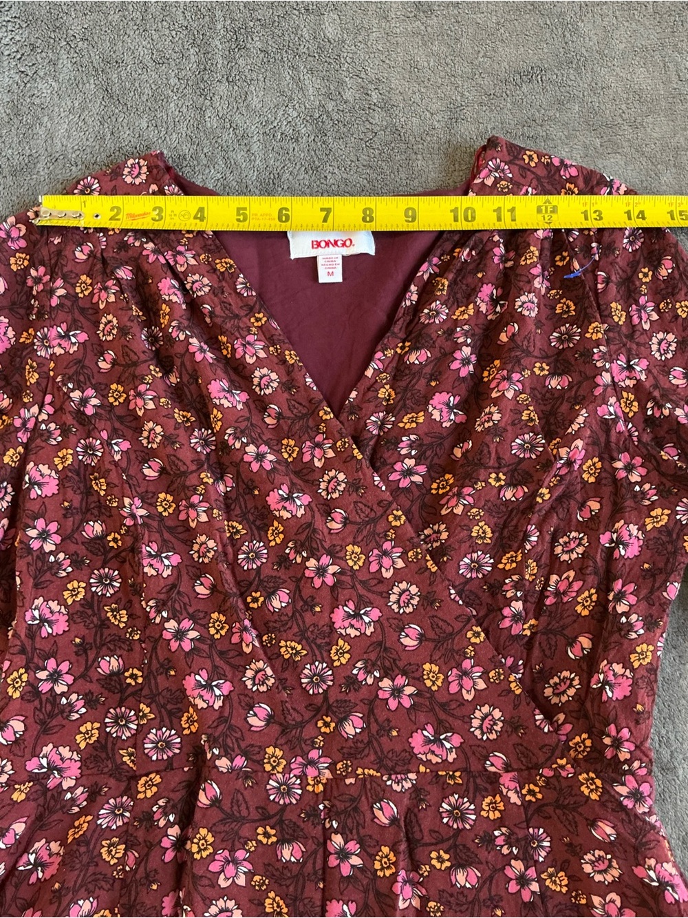 BONGO Maroon Floral Faux-Wrap Mini Dress Bell Sleeves Size:M - Picture 12 of 16